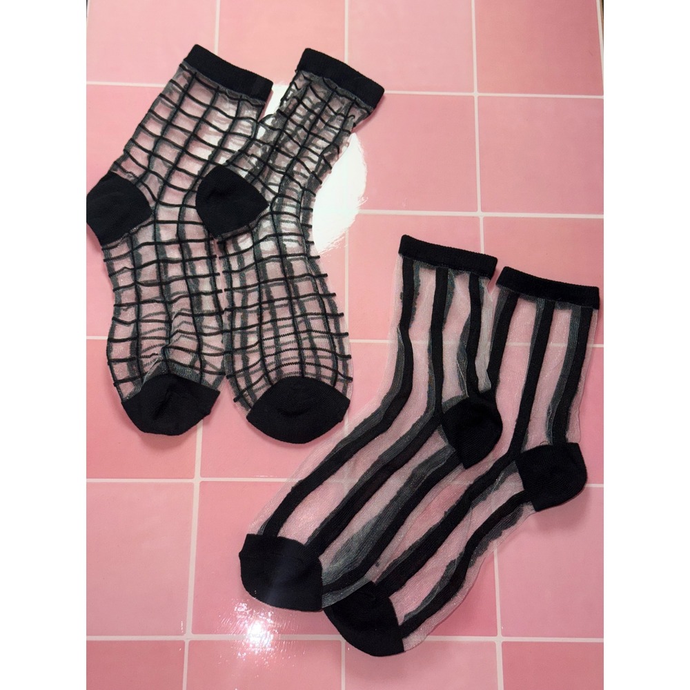 2 Pair Black Sheer Mesh Crew Socks Bundle Striped and Grid Pattern Hosiery